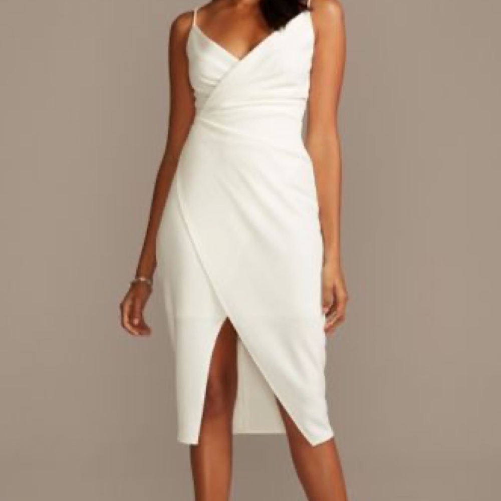 DAVIDS BRIDAL Spaghetti Stp Crepe Faux Wrap Dress